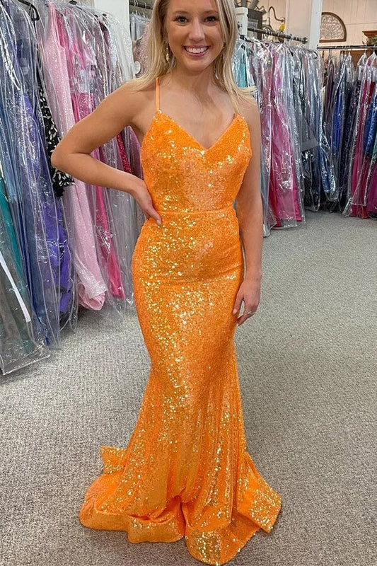 Vestido de fiesta largo formal con escote en V y sirena con lentejuelas naranjas brillantes