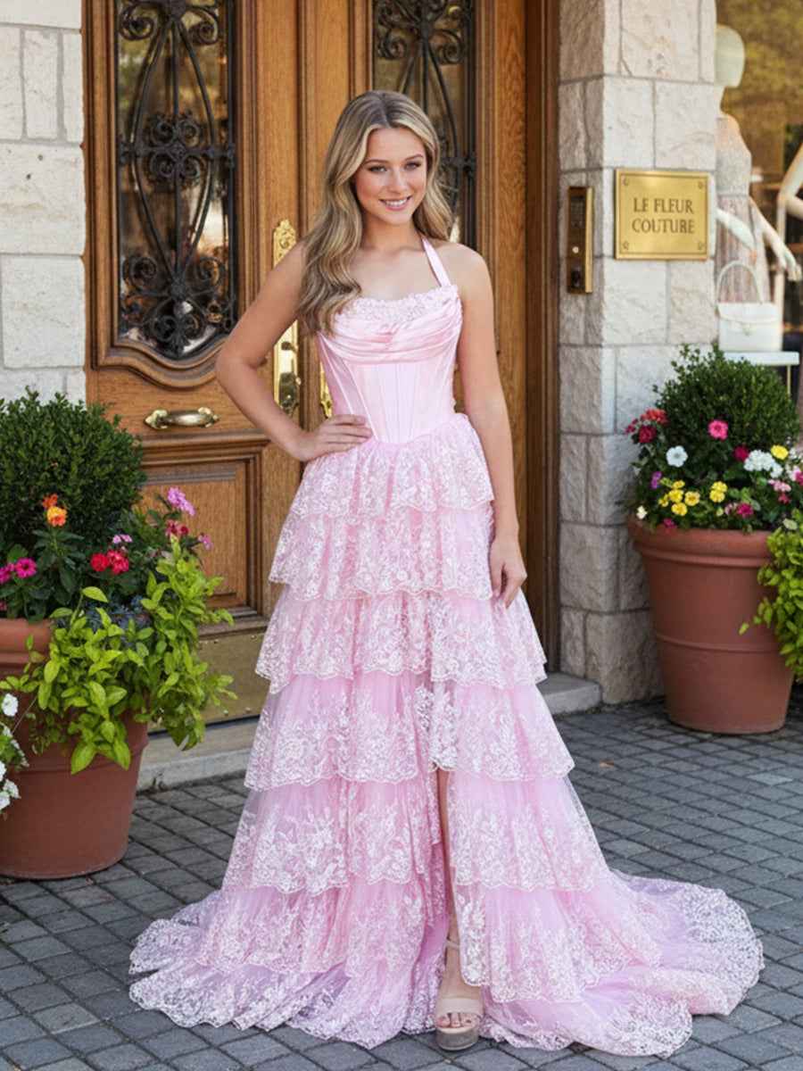 Elegant Pastel Pink Corset Halter Prom Dress With Frills