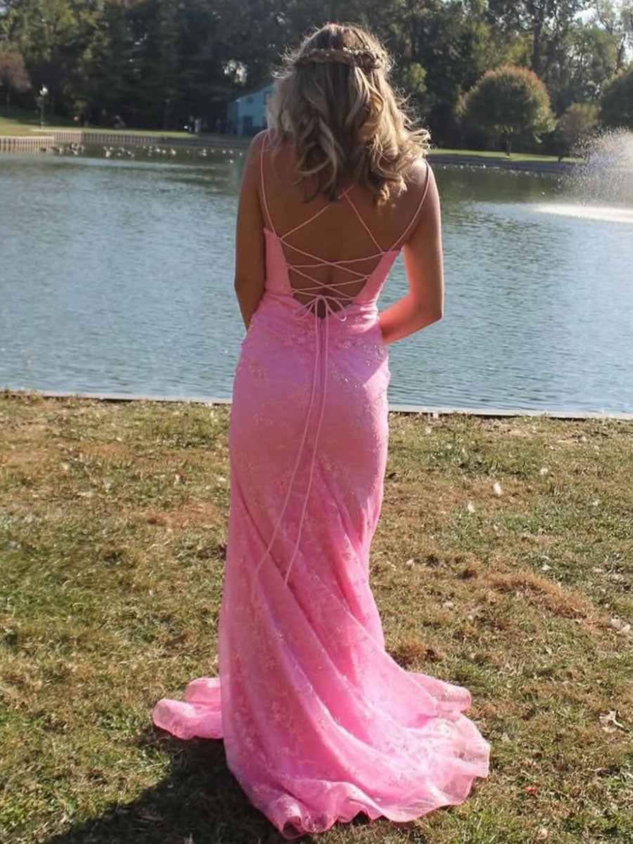 Sparkly Pink Spaghetti Strap Sequin Lace Prom Dress With Slit