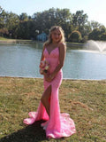 Sparkly Pink Spaghetti Strap Sequin Lace Prom Dress With Slit
