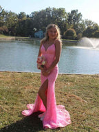Sparkly Pink Spaghetti Strap Sequin Lace Prom Dress With Slit