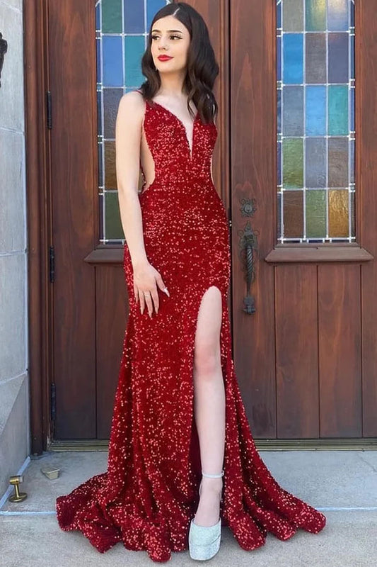 Vestidos de fiesta largos con escote en V y sirena con lentejuelas rojas brillantes y abertura alta