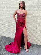 Sparkly Strapless Beaded Mermaid Corset Prom Dress With Slit In Red Satin