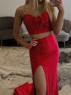 Sparkly Red Sweetheart Two-Piece Prom Dress With Rhinestone Straps And 3D Rosette