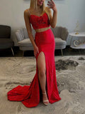 Sparkly Red Sweetheart Two-Piece Prom Dress With Rhinestone Straps And 3D Rosette