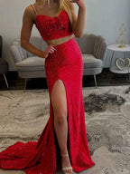 Sparkly Red Sweetheart Two-Piece Prom Dress With Rhinestone Straps And 3D Rosette