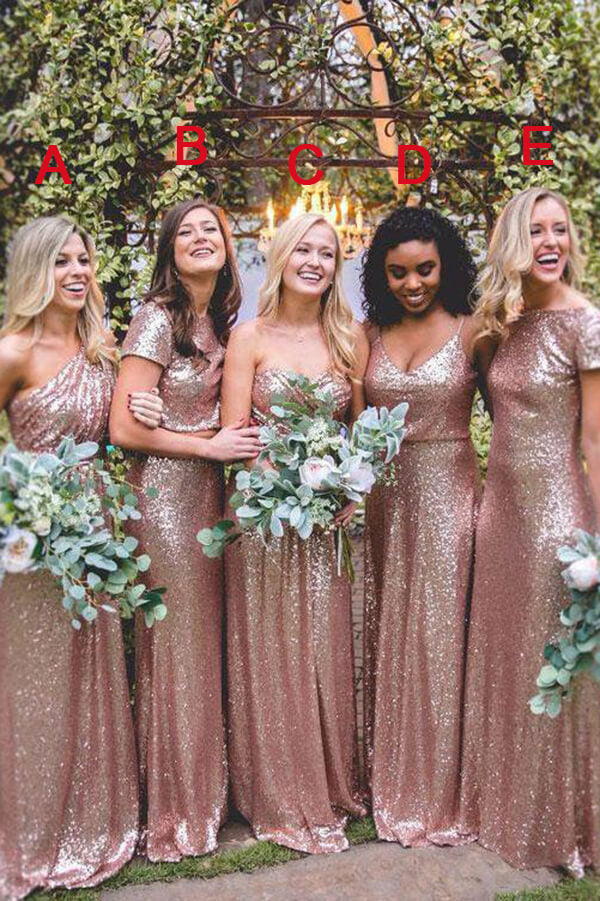 Abiti da damigella scintillanti in paillettes oro rosa asimmetrici a lunghezza pavimento