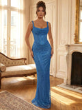 Royal Blue Sparkling Cowl Neck Corset Prom Dress With Boning Detail