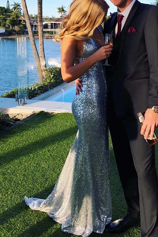 Funkelnde silberne Pailletten Meerjungfrau rückenfreies langes Ballkleid, Abendkleid