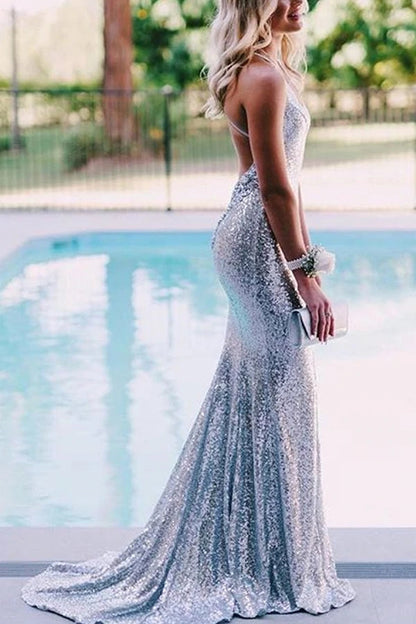 Funkelnde silberne Pailletten Meerjungfrau rückenfreies langes Ballkleid, Abendkleid