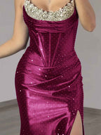 Strapless Fuchsia Beaded Corset Satin Long Sparkly Prom Dress