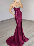 Strapless Fuchsia Beaded Corset Satin Long Sparkly Prom Dress