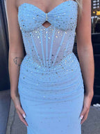 Ice Queen Light Blue Strapless Sheer Beaded Corset Prom Dress