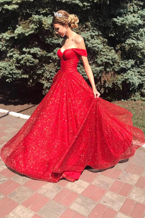 Tulle A-line Off Shoulder Long Prom Dresses, Evening Dresses