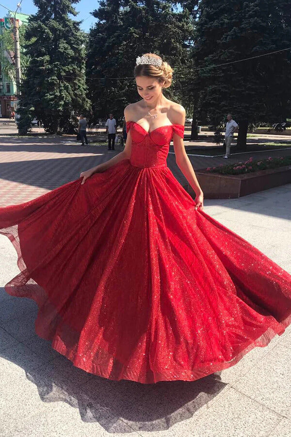 Tulle A-line Off Shoulder Long Prom Dresses, Evening Dresses