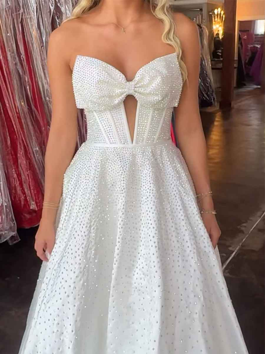 White Beaded Strapless Sweetheart Long Prom Dress With Bow And Corset Bodice