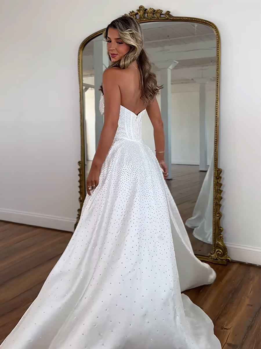 White Beaded Strapless Sweetheart Long Prom Dress With Bow And Corset Bodice