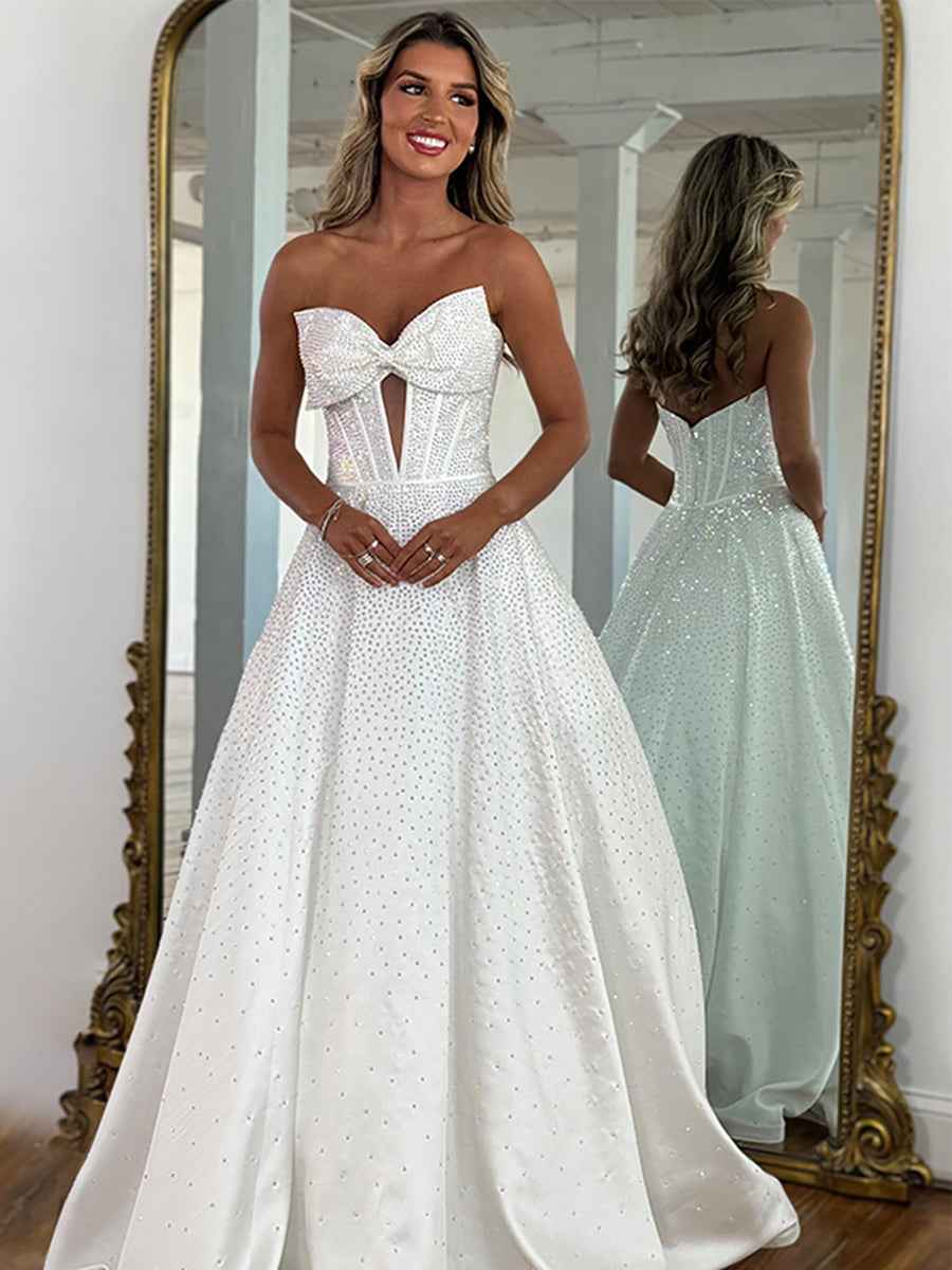 White Beaded Strapless Sweetheart Long Prom Dress With Bow And Corset Bodice