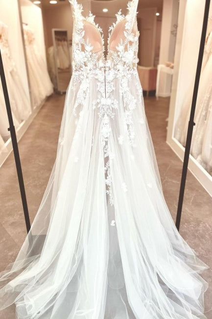 Abito da sposa con scollo a cuore, spalline sottili, senza maniche, in tulle, linea a trapezio con applicazioni e apertura frontale divisa