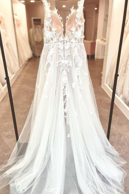 Vestido de novia de corte A con abertura frontal, de tul, sin mangas, con tirantes finos y escote corazón con apliques