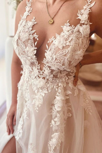 Vestido de novia de corte A con abertura frontal, de tul, sin mangas, con tirantes finos y escote corazón con apliques