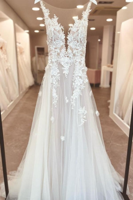 Vestido de novia de corte A con abertura frontal, de tul, sin mangas, con tirantes finos y escote corazón con apliques