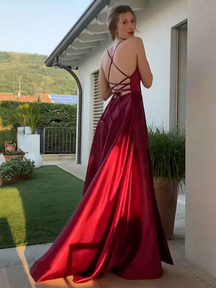 Burgundy Satin Square Neck A Line Evening Prom Dress With Slit
