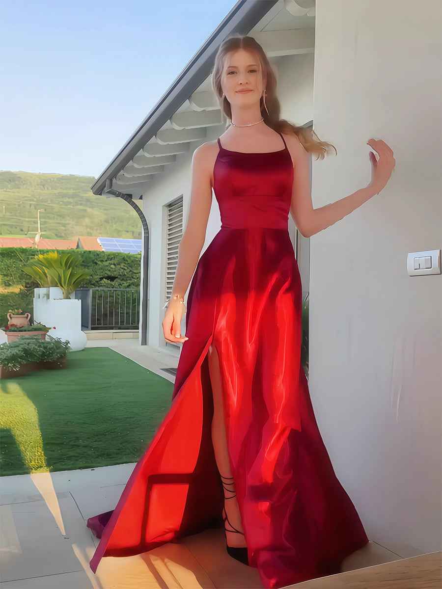 Burgundy Satin Square Neck A Line Evening Prom Dress With Slit