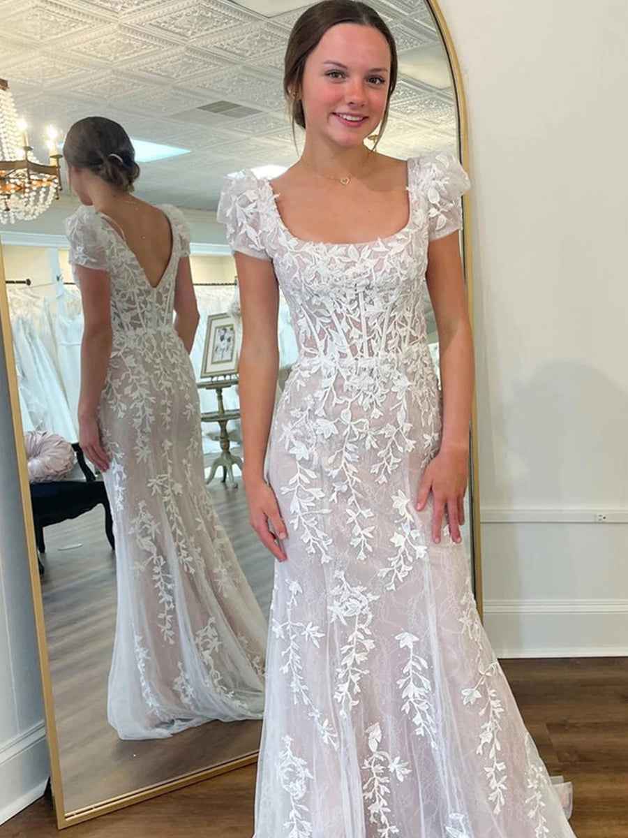 Square Neck Puff Sleeves Tulle Long Prom Dress With Lace Appliques