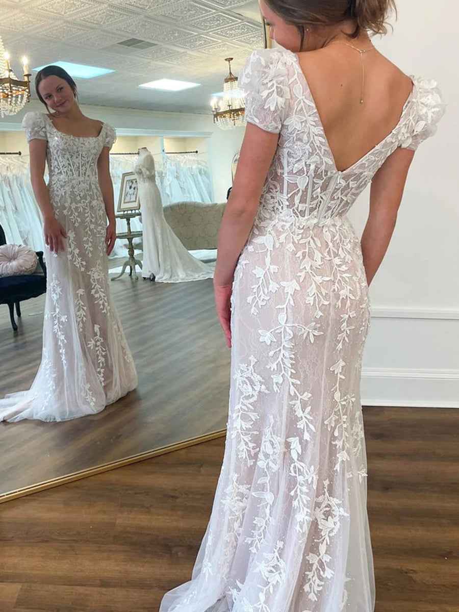 Square Neck Puff Sleeves Tulle Long Prom Dress With Lace Appliques