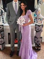 Square Neck Puff Sleeves Tulle Long Prom Dress With Lace Appliques