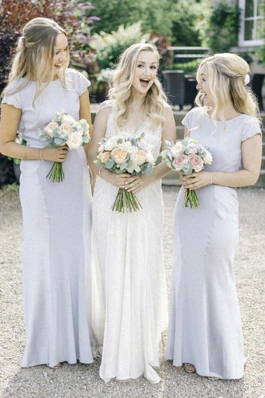 Stain Sheath Bateau Neck Cap Sleeves Floor Length Lace Bridesmaid Dresses