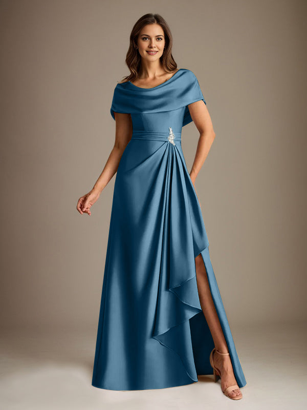 Robe de mère de la mariée en satin extensible, longueur au sol, coupe en A avec encolure dégagée et volants en cascade