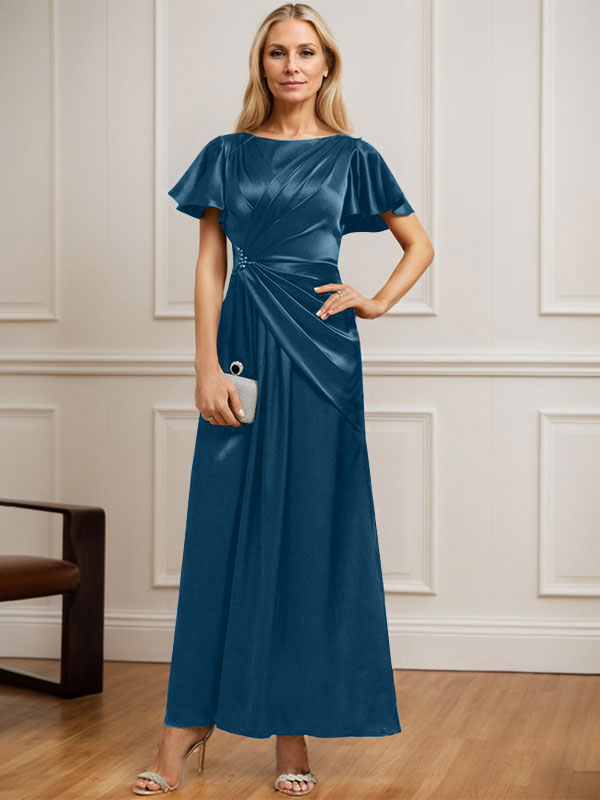 Robe de mère de la mariée en satin extensible, longueur cheville, en ligne A, décolleté arrondi, ornée de perles plissées