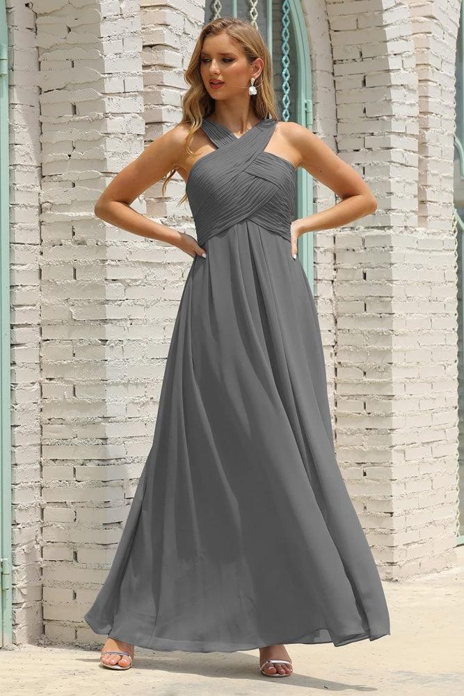 Vestido de Dama de Honra Halter em Chiffon para Mulher, Modelo A-Line, Longo, Formal, para Baile de Finalistas SEA28015