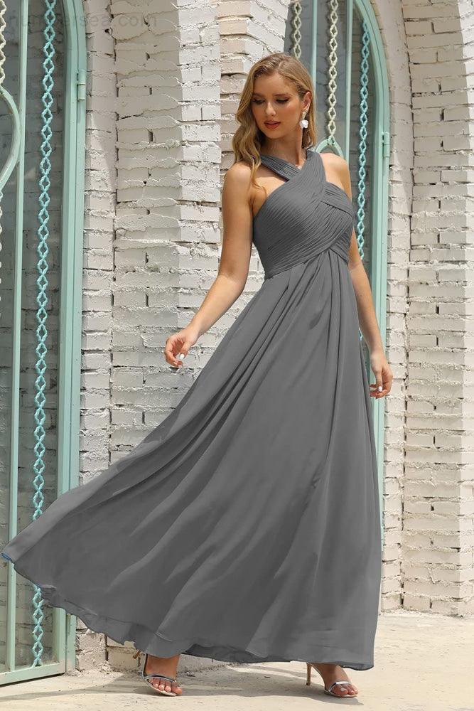 Vestido de Dama de Honra Halter em Chiffon para Mulher, Modelo A-Line, Longo, Formal, para Baile de Finalistas SEA28015