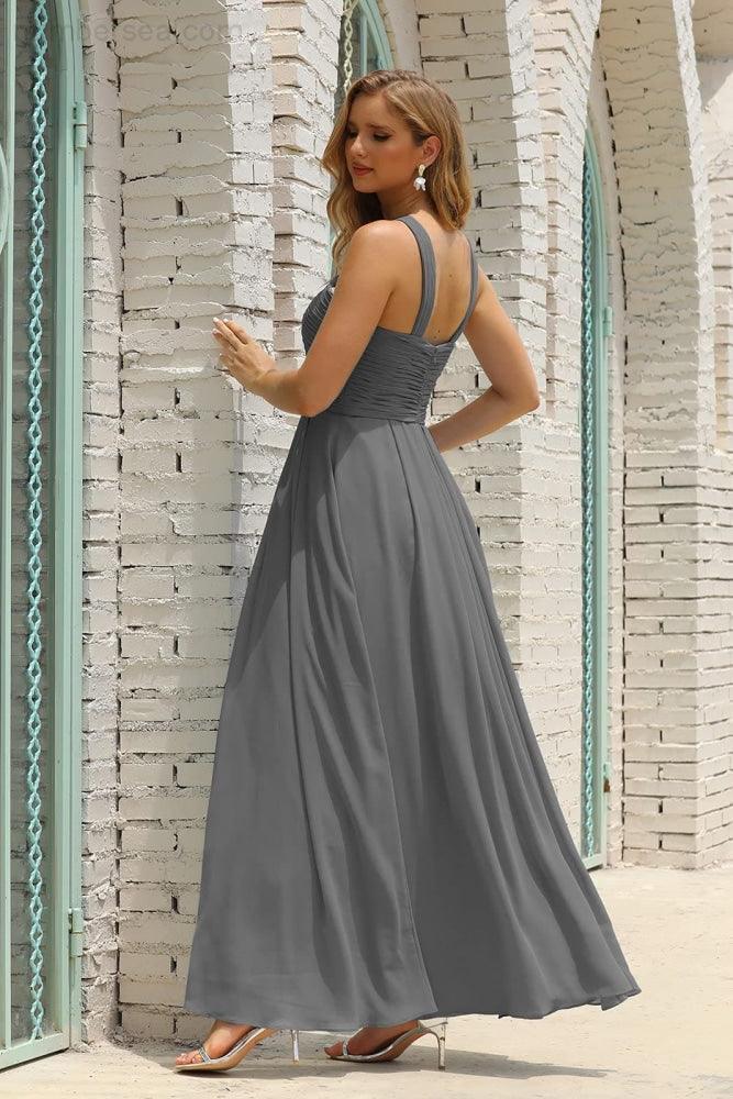 Vestido de Dama de Honra Halter em Chiffon para Mulher, Modelo A-Line, Longo, Formal, para Baile de Finalistas SEA28015