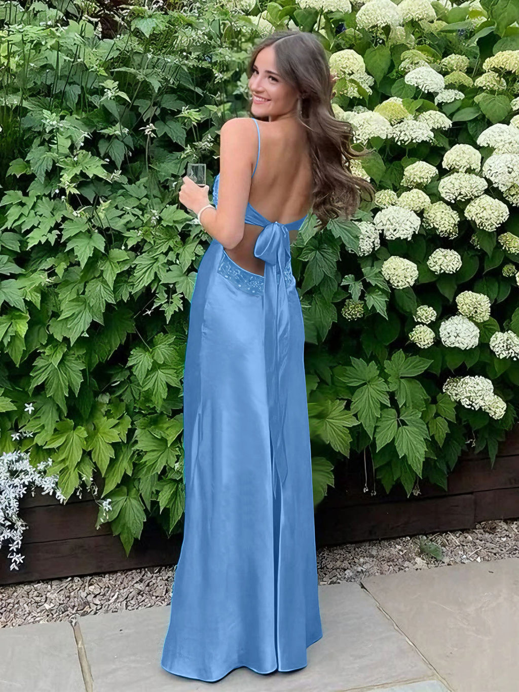 Blue A Line V Neck Beaded Back Tie Long Prom Dress