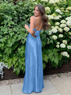 Blue A Line V Neck Beaded Back Tie Long Prom Dress