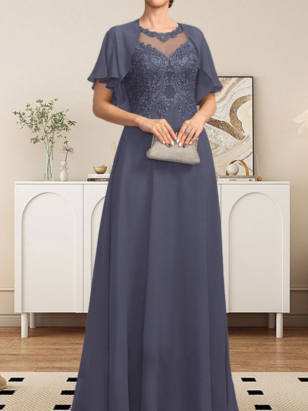 A-Linie, U-Ausschnitt, Illusion, bodenlanges Spitzen-Chiffon-Kleid für die Brautmutter mit Pailletten