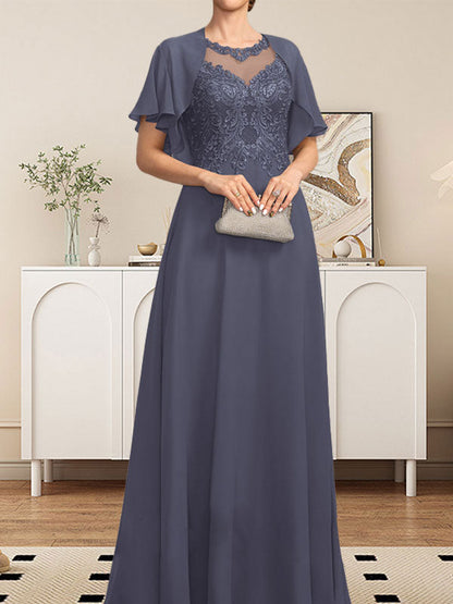 A-Linie, U-Ausschnitt, Illusion, bodenlanges Spitzen-Chiffon-Kleid für die Brautmutter mit Pailletten