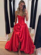 Black Rhinestone Strapless Satin Prom Dress With High Slit
