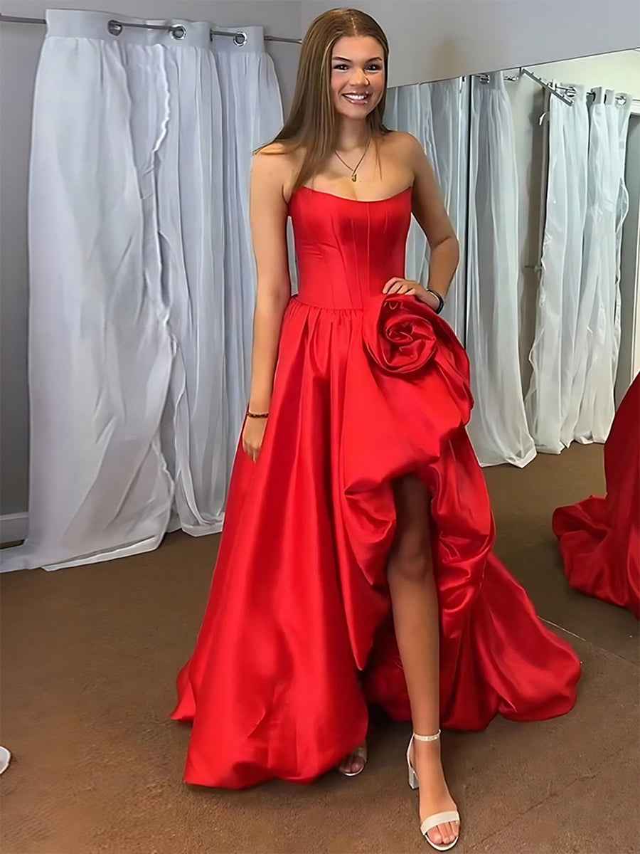 Black Rhinestone Strapless Satin Prom Dress With High Slit