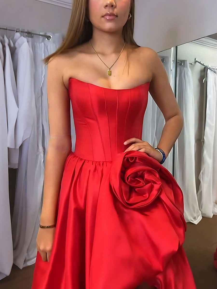 Black Rhinestone Strapless Satin Prom Dress With High Slit