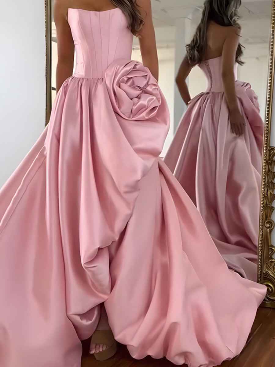Black Rhinestone Strapless Satin Prom Dress With High Slit