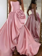 Black Rhinestone Strapless Satin Prom Dress With High Slit