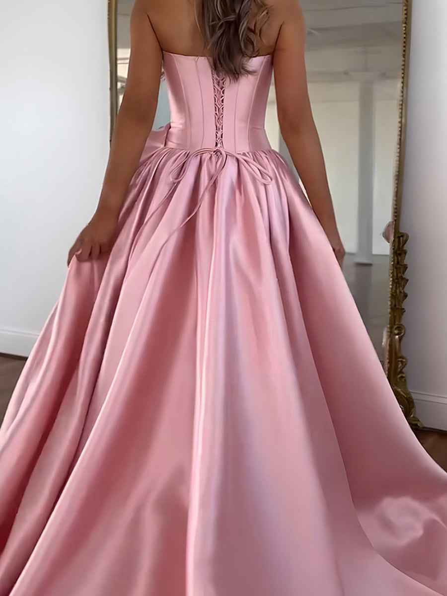 Black Rhinestone Strapless Satin Prom Dress With High Slit