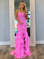Strapless Floral Lace Appliques Mermaid Prom Dress With Slit