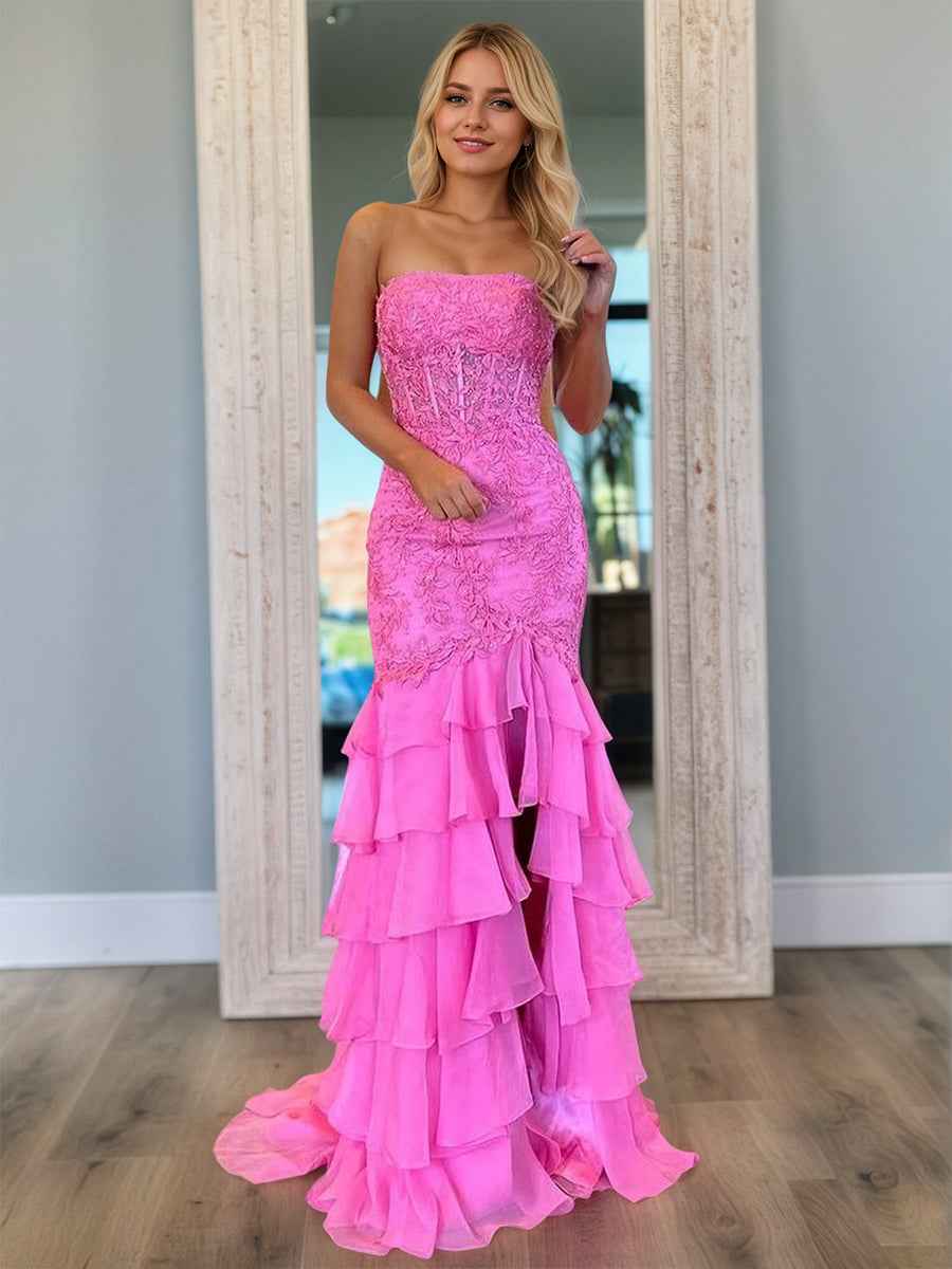 Strapless Floral Lace Appliques Mermaid Prom Dress With Slit
