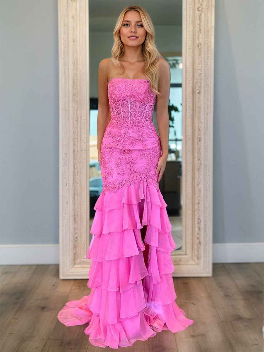 Strapless Floral Lace Appliques Mermaid Prom Dress With Slit